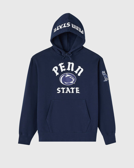 Navy hoodie with "Penn State" text, lion logo, and drawstring hood.