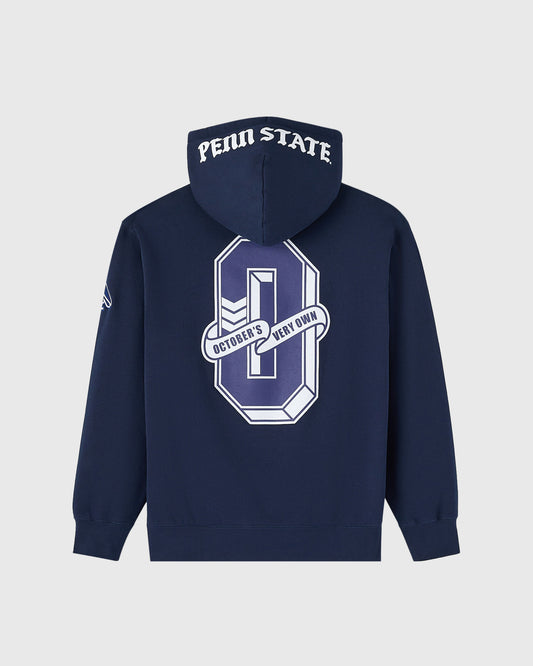 Navy hoodie with "Penn State" text on hood and large white graphic on back featuring number "0" with "October's Very Own" ban