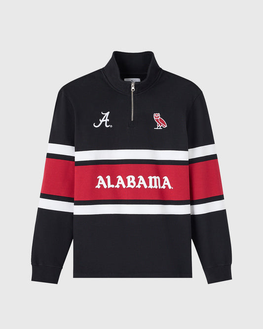 Black quarter-zip rugby pullover with red and white horizontal stripes, Alabama text, and athletic logos on chest.