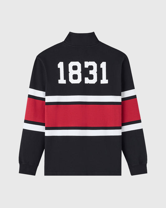 Black quarter-zip rugby pullover with "1831" printed on chest, red and white horizontal stripes across torso.