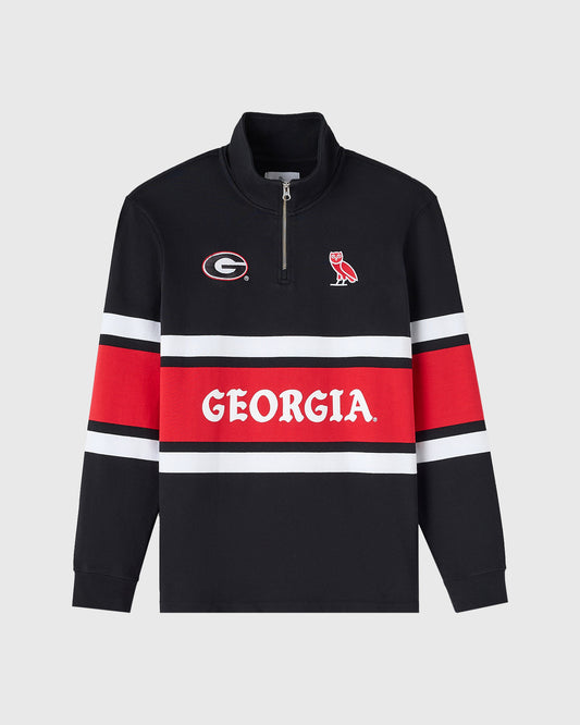 Black quarter-zip rugby pullover with red and white horizontal stripes, Georgia text, and athletic logos on chest.