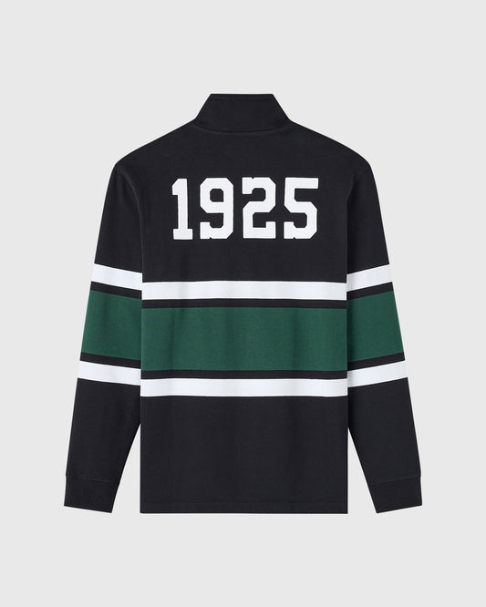 Black quarter-zip rugby pullover with "1925" printed on back, green and white horizontal stripes across chest and sleeves.