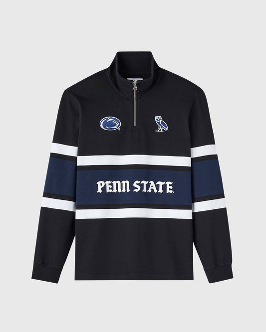 Black quarter-zip rugby pullover with Penn State logo, owl emblem, and horizontal white and navy stripes across chest.
