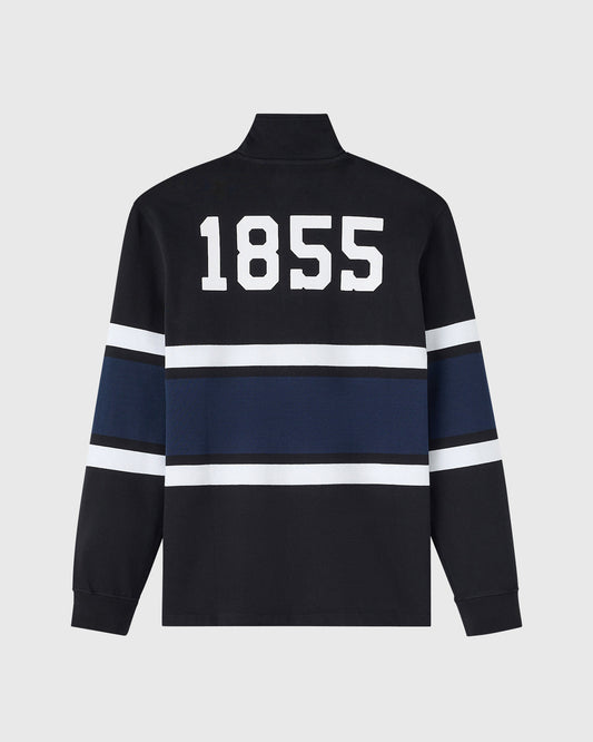 Black quarter-zip rugby pullover with "1855" printed on chest and horizontal stripes in navy and white.