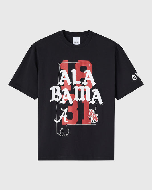 Black t-shirt with red and white "Alabama" graphic featuring state outline and mascot imagery on front.