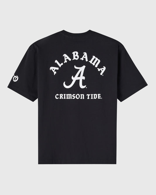 Black t-shirt with white "Alabama" text, "A" logo, and "Crimson Tide" text printed on back.