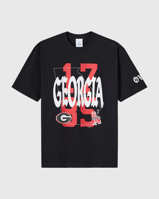 Black t-shirt with red and white Georgia graphic print featuring state outline, numbers, and university logo on chest.