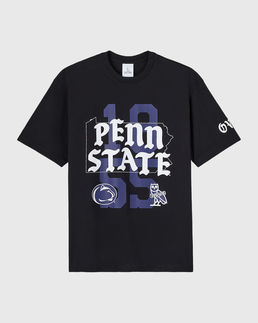 Black t-shirt with Penn State text, large blue numbers, state outline, and university logo graphics on front.