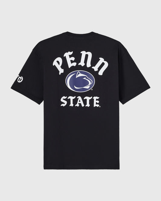 Black t-shirt with white "Penn State" text and blue lion logo on chest, small @ symbol on sleeve.