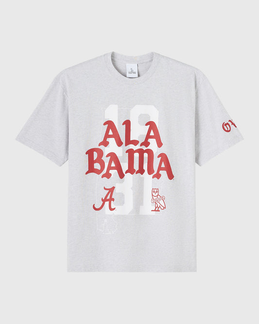 Ash heather grey t-shirt with red "Alabama" text and numbers, small mascot graphics on front and sleeve.