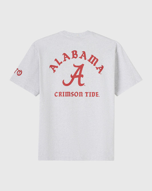 Ash heather grey t-shirt with red "Alabama" text, "A" logo, and "Crimson Tide" printed on front and sleeve.