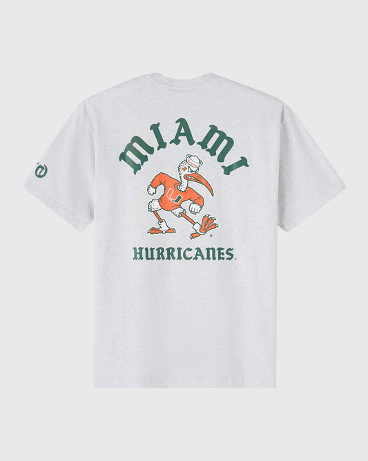 Ash heather grey t-shirt featuring "Miami Hurricanes" text and cartoon mascot graphic on back.