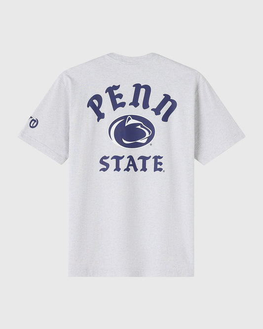 Ash heather grey t-shirt with navy "Penn State" text and lion logo on back.