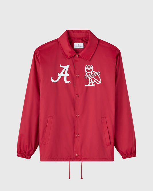 Red coaches jacket with University of Alabama "A" logo and owl emblem on chest, button front, and drawstring hem.