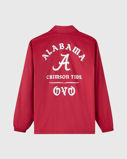 Red coaches jacket with "ALABAMA" text, "A" logo, "CRIMSON TIDE" and "OVO" printed on back.