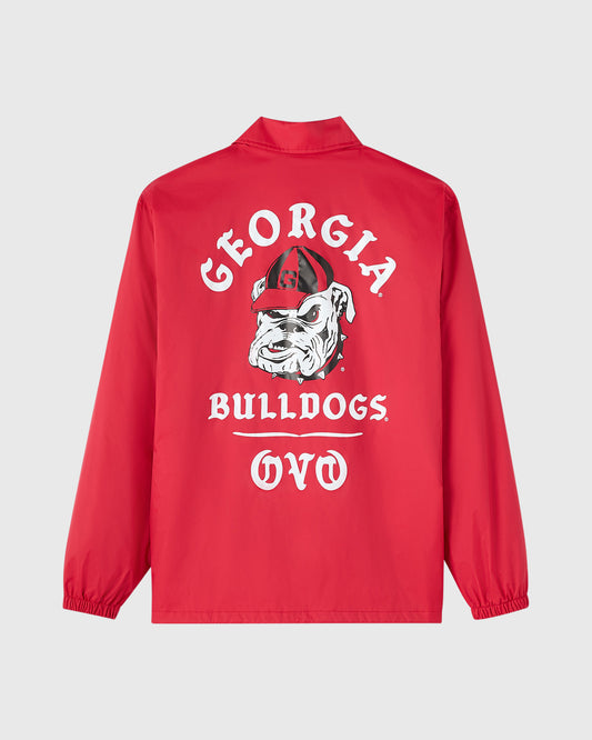 Red coaches jacket with Georgia Bulldogs logo and bulldog mascot graphic printed on back.