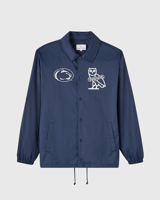 Navy coaches jacket with Penn State lion logo and owl mascot embroidered on chest, featuring button front and drawstring hem.