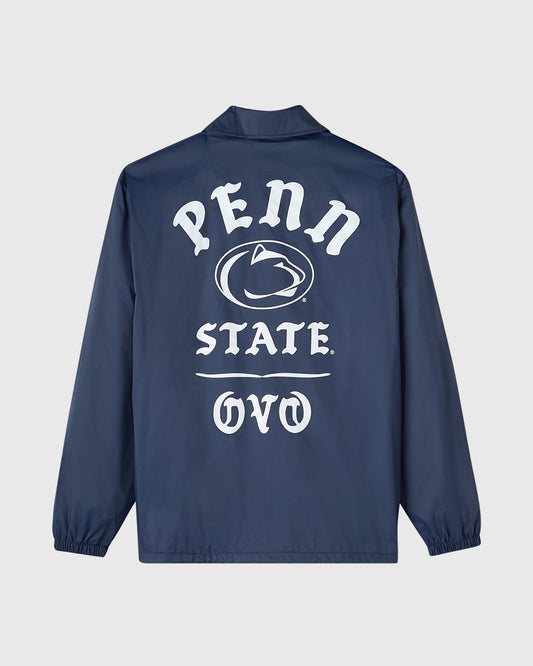 Navy coaches jacket with Penn State logo and text printed on back.