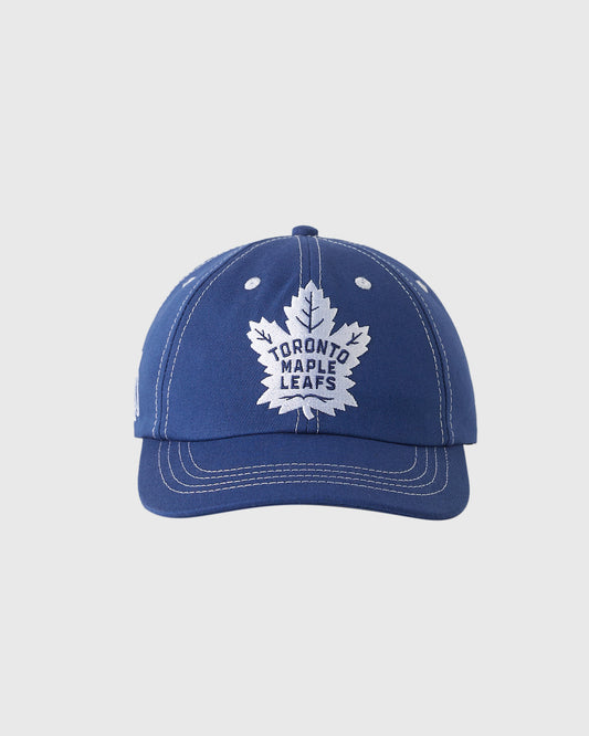 Blue baseball cap with white Toronto Maple Leafs maple leaf logo and text on front, contrast stitching on crown and bill.