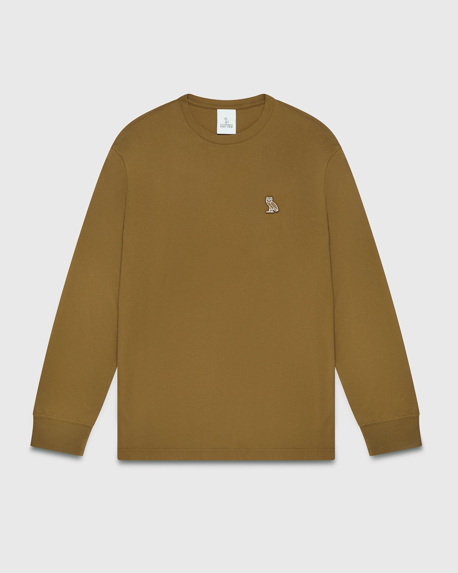 Olive long-sleeve t-shirt with small owl embroidered on chest.