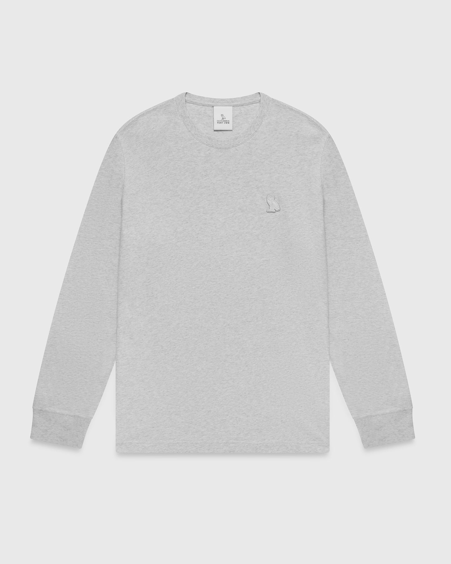 Light gray long-sleeve t-shirt with crew neckline and small embroidered logo on chest.