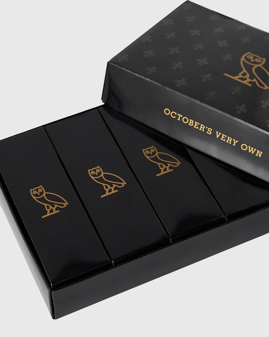 Black box containing four sleeves of Callaway Chrome Soft golf balls with gold owl logo and "October's Very Own" text.