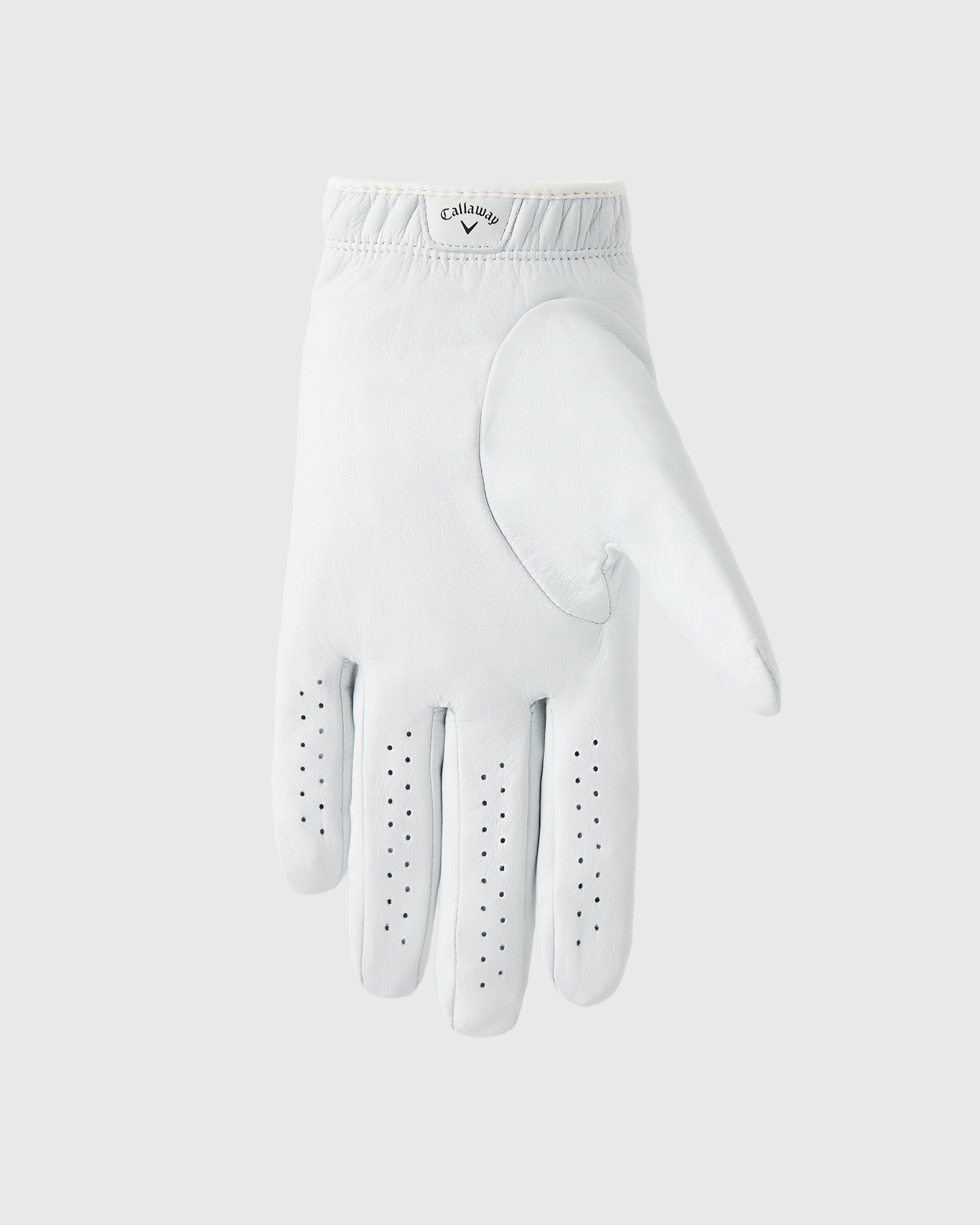 White golf glove with Callaway logo on cuff, perforated fingers, and reinforced palm patch.