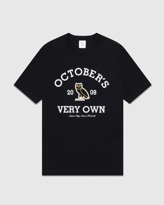 Black t-shirt with white text reading "Octobers Very Own" with owl graphic and "2008" printed on chest.