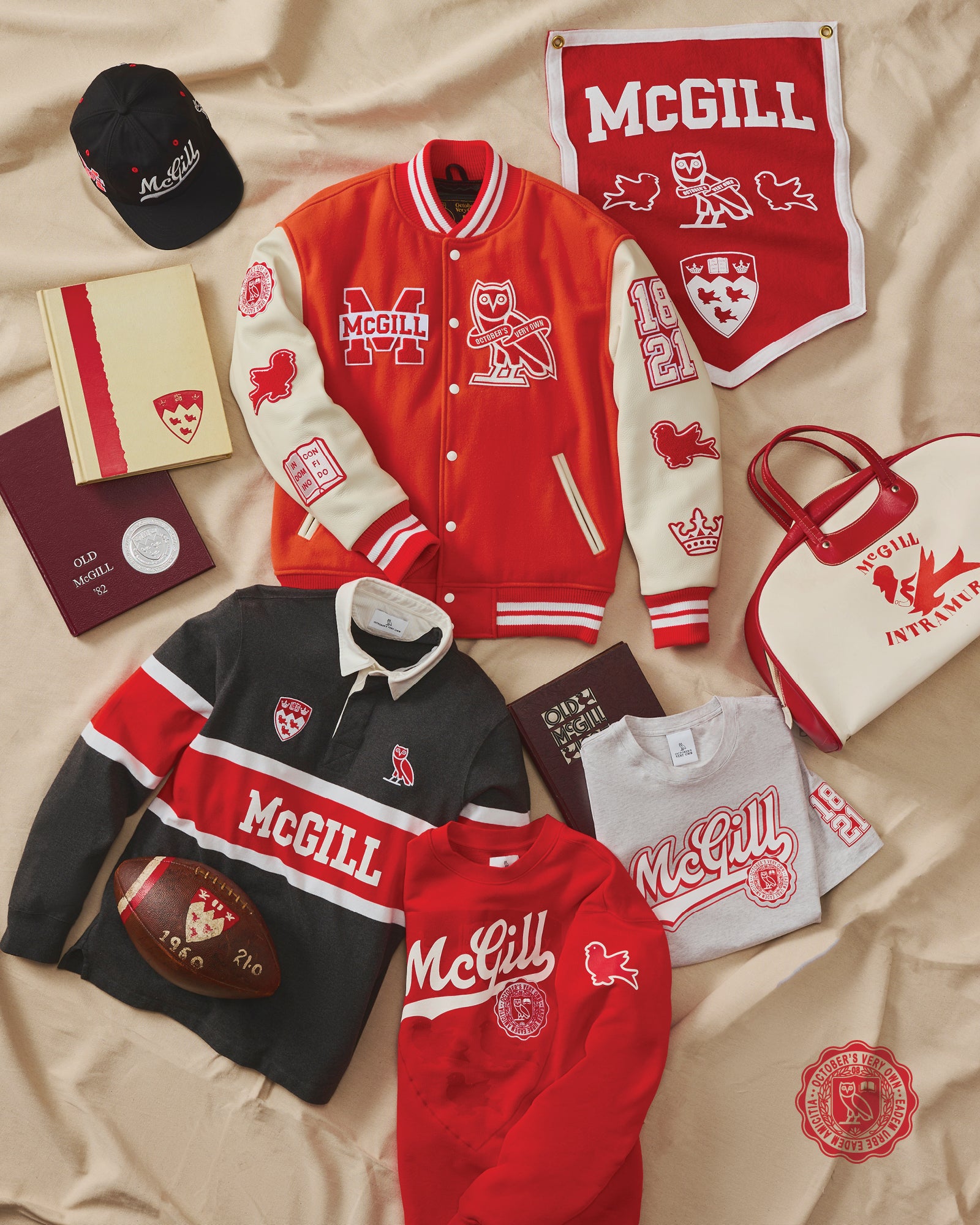 October's Very Own Campus Collection 2025 featuring The Varsity Jacket, Hat, Rugby Sweater and Crewnecks from McGill University.