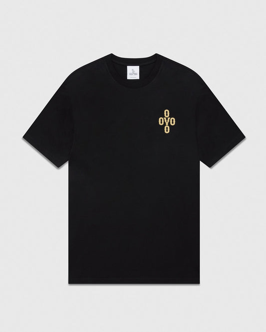 Black short-sleeve t-shirt with gold "OVO" text on chest.