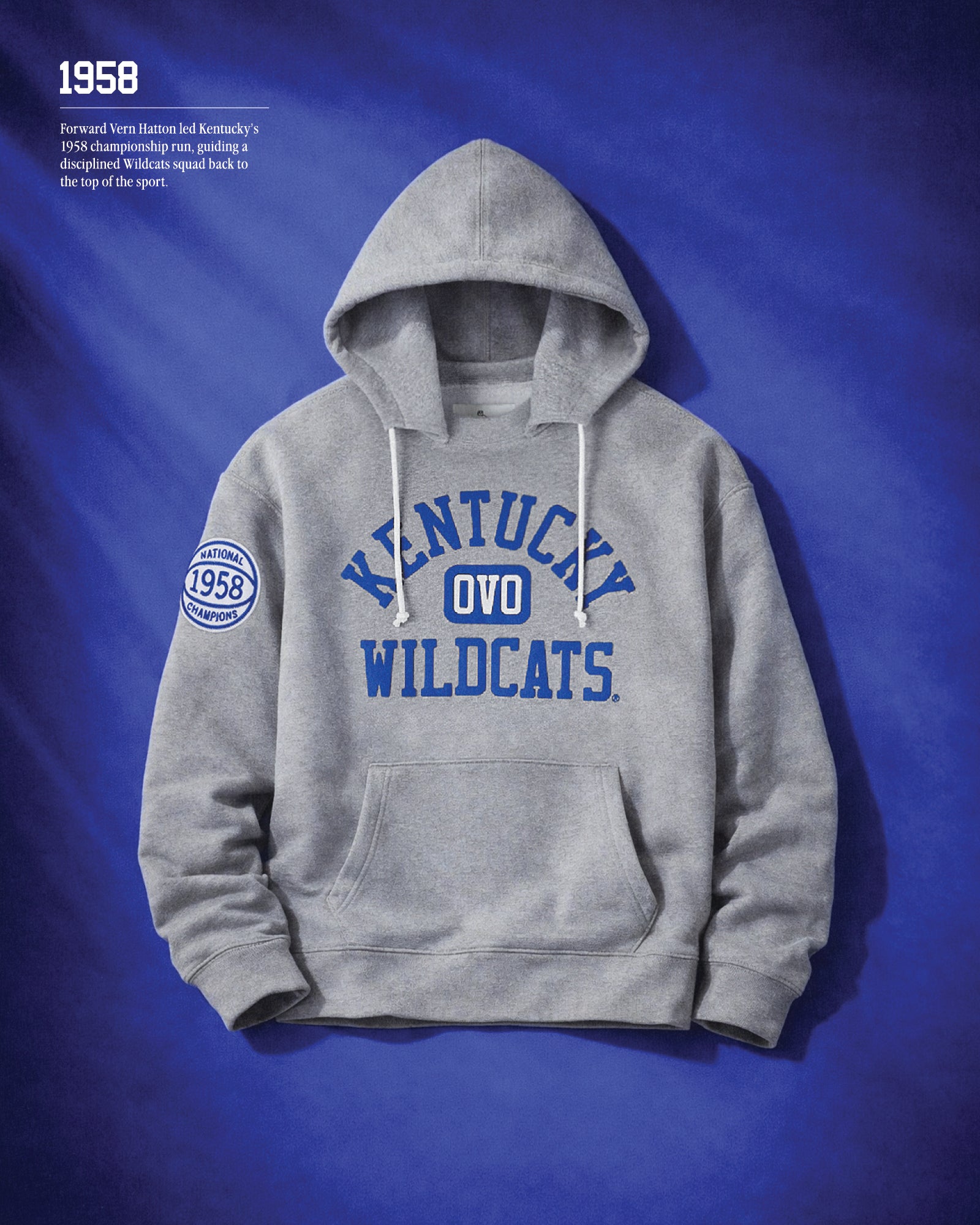 1958. Forward Vern Hatton led Kentucky's 1958 championship run, guiding a discipined Wildcats squad back to the top of the sport. Gray October's Very Own x Kentucky Wildcats hoodie with 'Kentucky Wildcats' text on a blue background