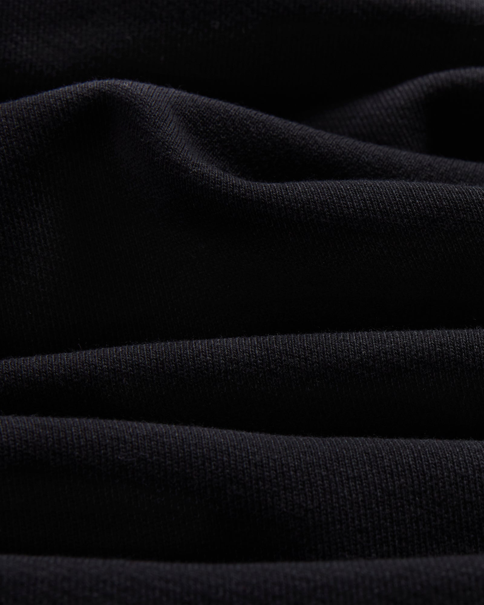 Close-up of black textured fabric with ribbed knit pattern and soft folds.