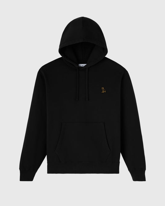 Black hoodie with drawstring hood, front kangaroo pocket, and small embroidered logo on chest.