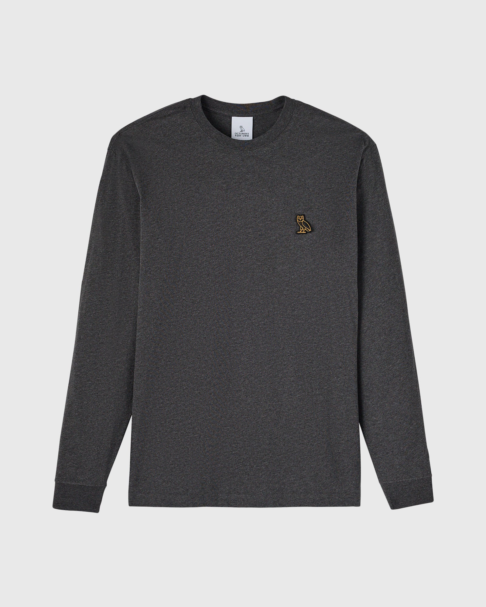 Heather charcoal long-sleeve crewneck tee with small gold owl embroidered on chest.