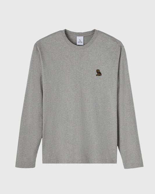 Gray long-sleeve t-shirt with crew neck and small embroidered bird logo on chest.