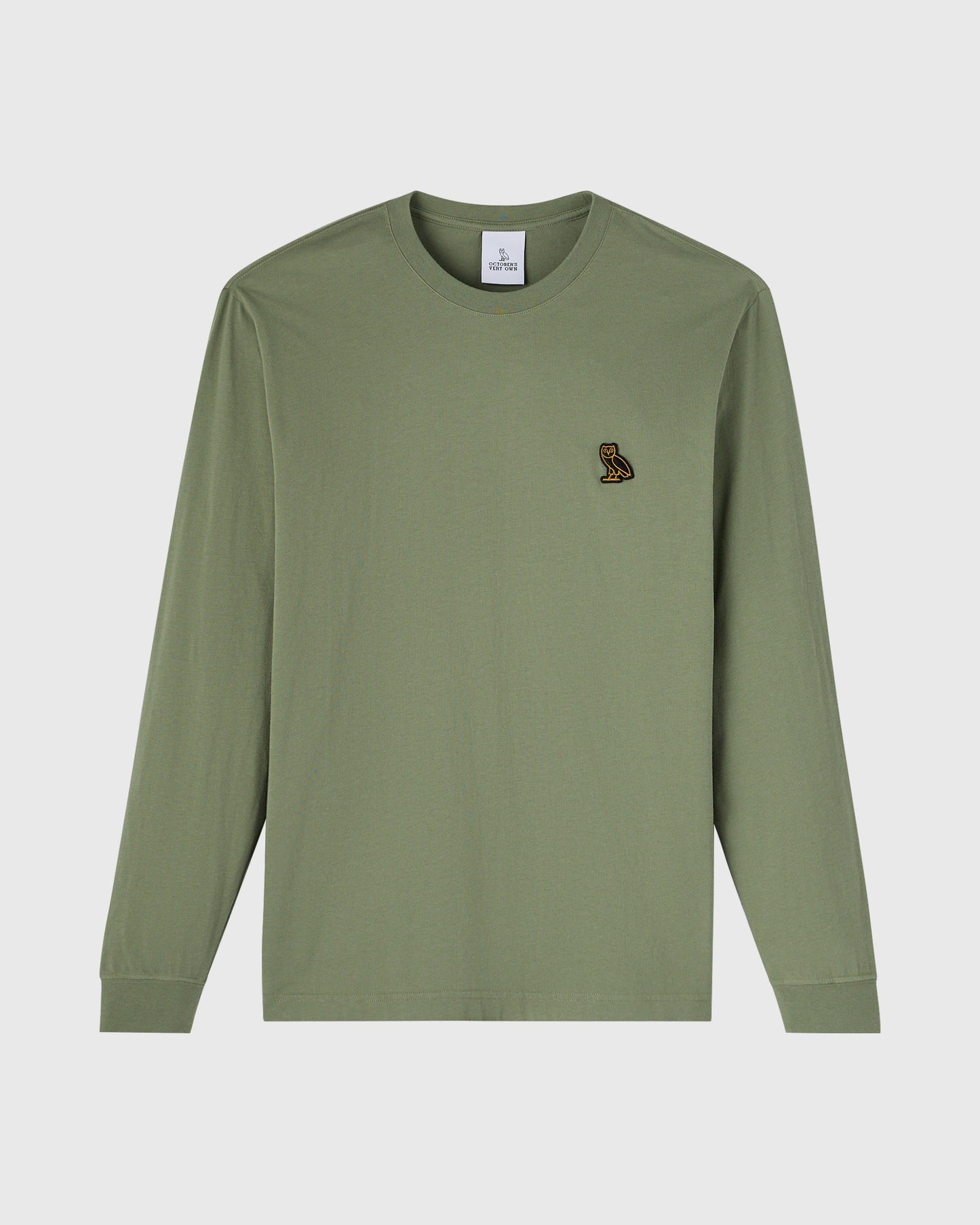 Sage green long-sleeve t-shirt with small bird embroidery on chest.