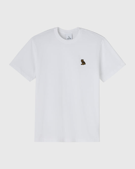 White short-sleeve t-shirt with small owl embroidery on chest.