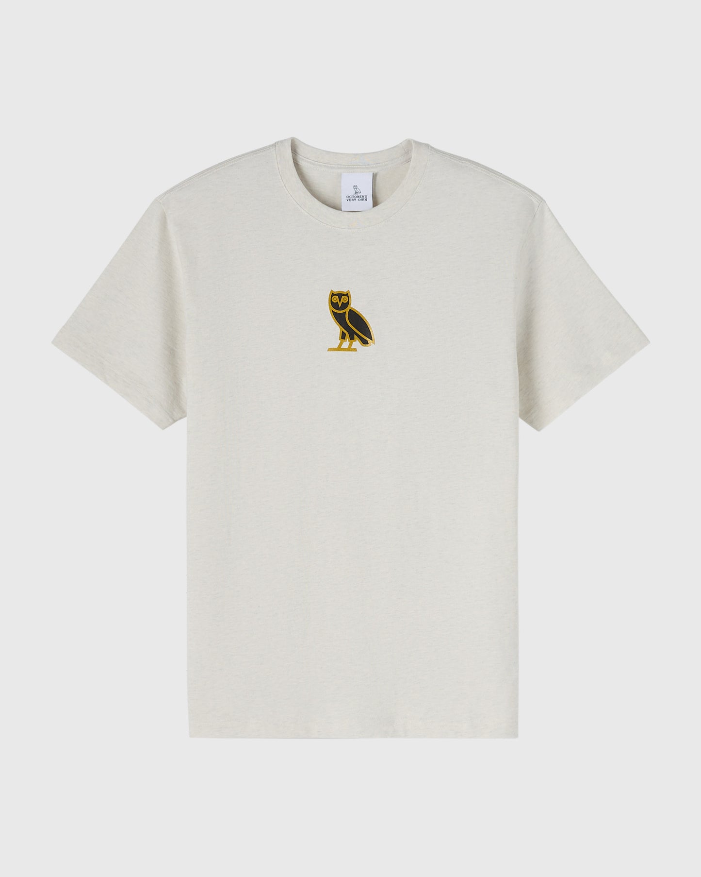 Ash heather grey crewneck t-shirt with small yellow and black owl emblem on chest.