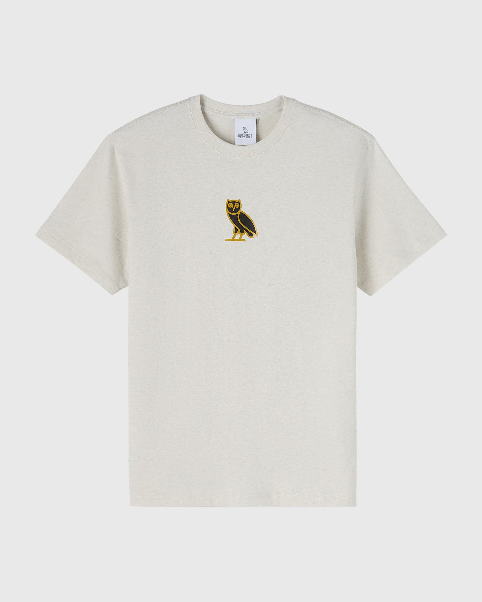Ash heather grey crewneck t-shirt with small yellow and black owl emblem on chest.