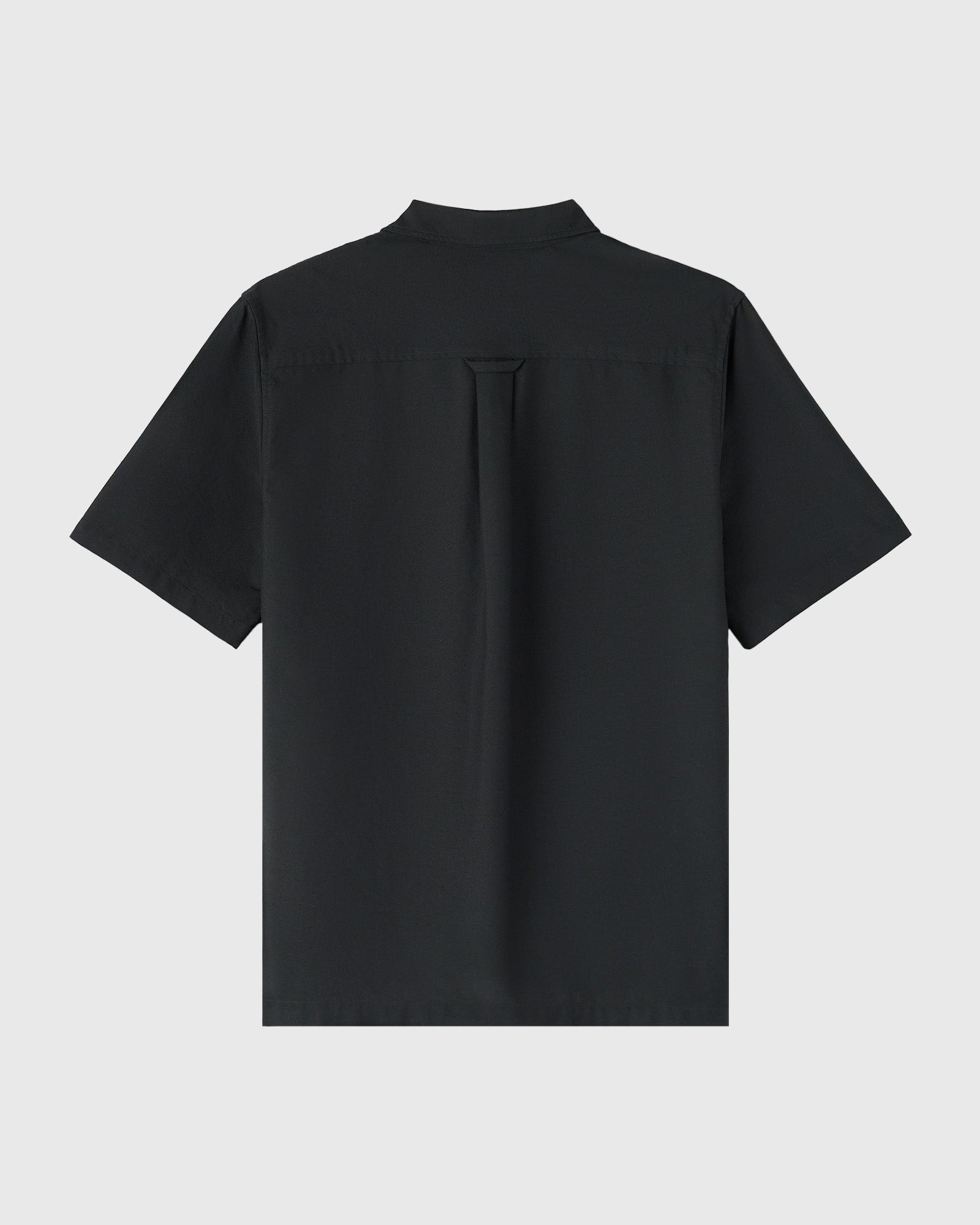 Black short-sleeve camp shirt with spread collar and chest pocket, displayed flat against light background.