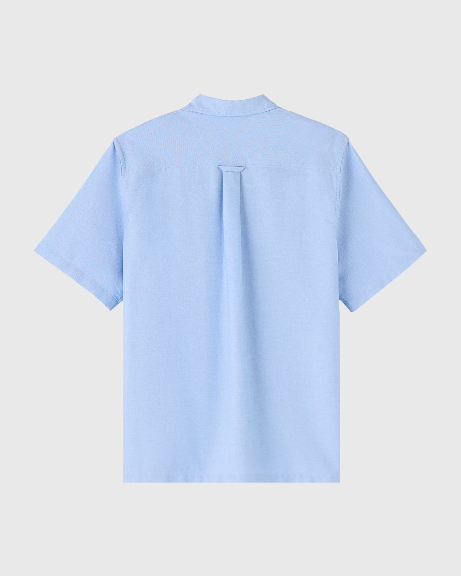 Blue oxford camp shirt with short sleeves and a button-front collar, shown from the back.
