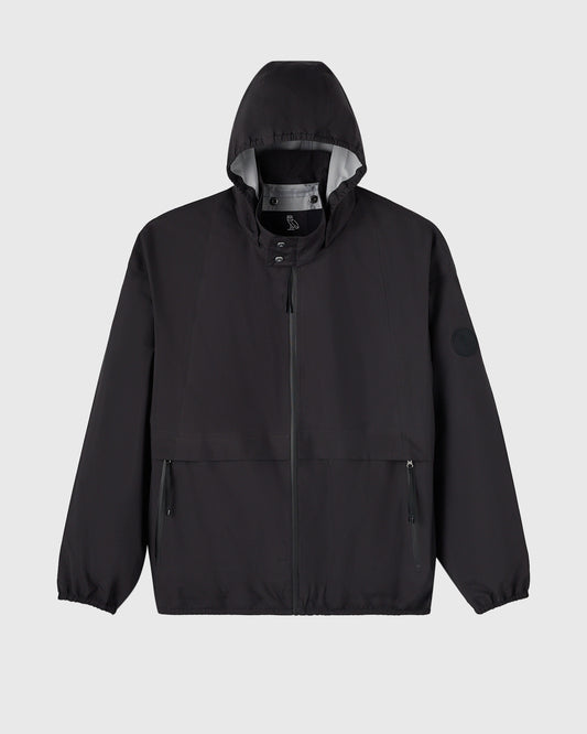 Black rain shell jacket with hood, front zip closure, and two front pockets.