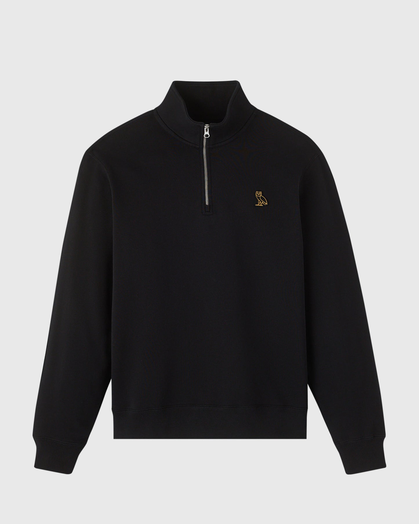 Black sweatshirt with quarter-zip mockneck and small gold logo on chest.
