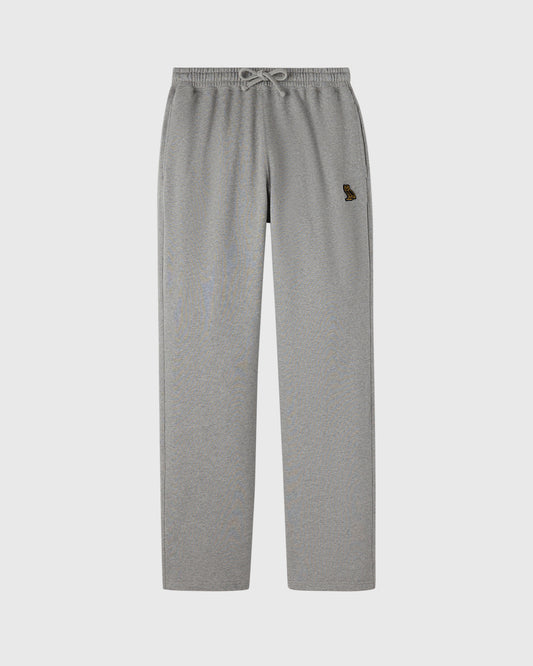 Heather grey sweatpants with drawstring waist, open hems, and small embroidered logo on thigh.