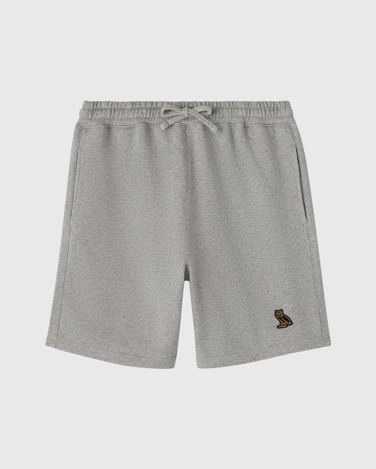 Heather grey sweatshorts with elastic waistband, drawstring, and small embroidered logo on thigh.