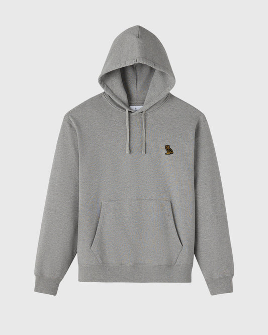 Heather grey pullover hoodie with drawstring hood, front kangaroo pocket, and small embroidered logo on chest.