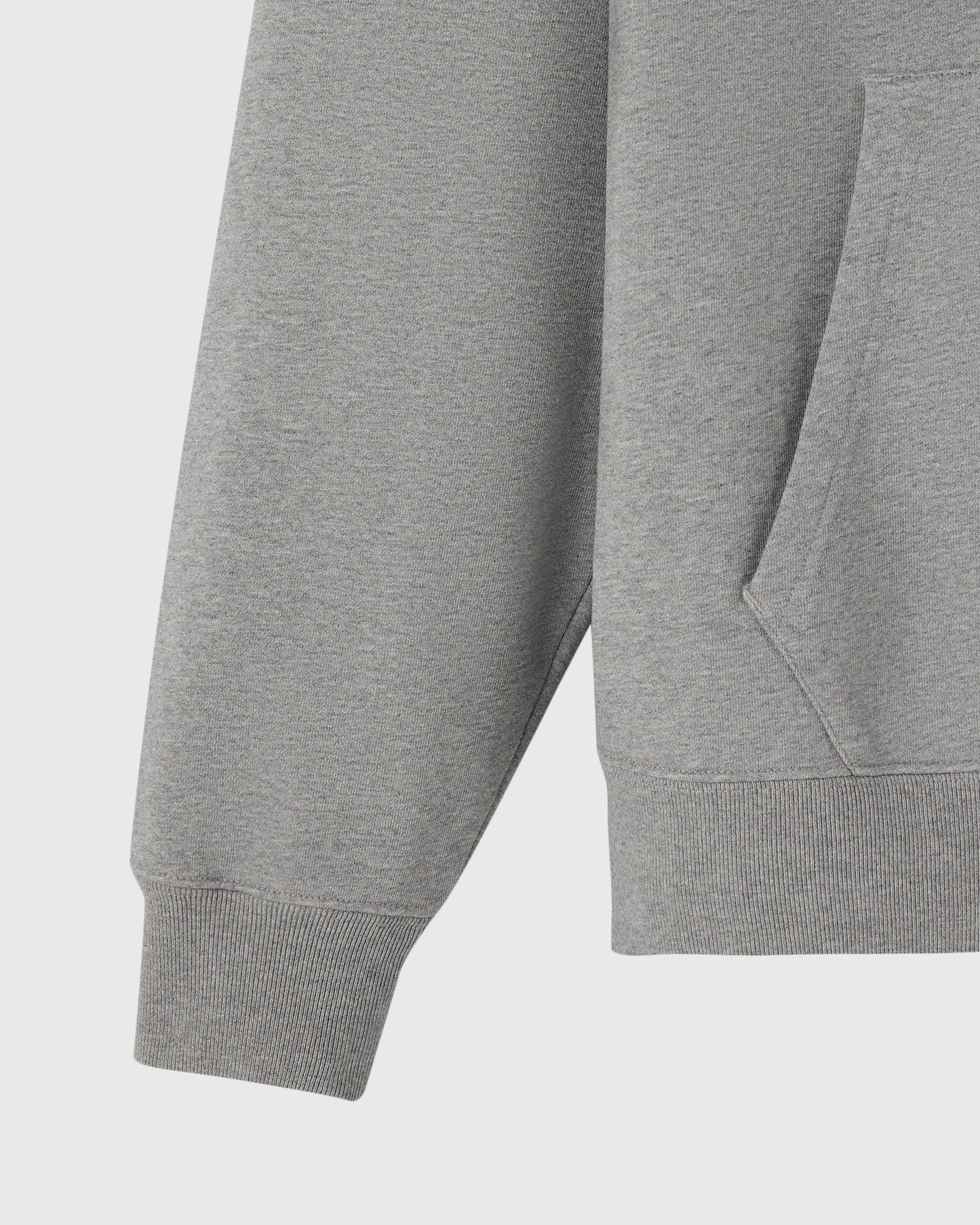 Heather grey hoodie with ribbed cuffs and kangaroo pocket, shown on white background.