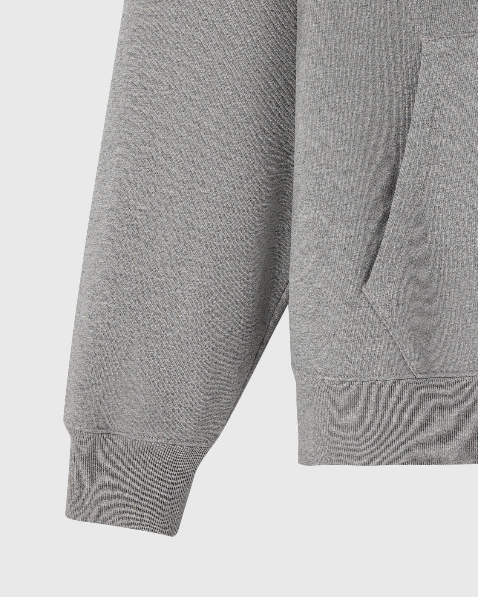 Heather grey hoodie with ribbed cuffs and kangaroo pocket, shown on white background.