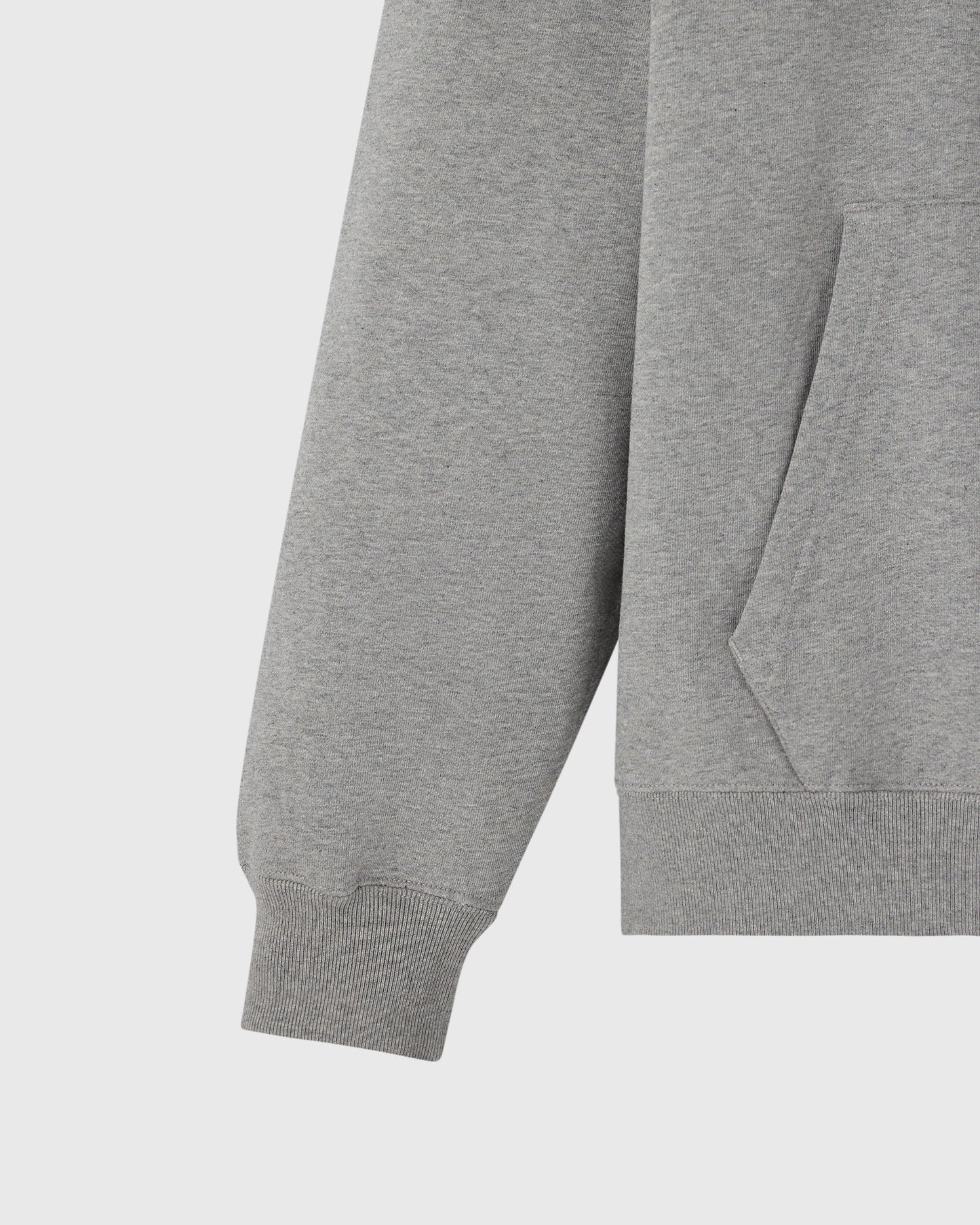 Heather grey full-zip hoodie with ribbed cuffs and hem, shown from the side.