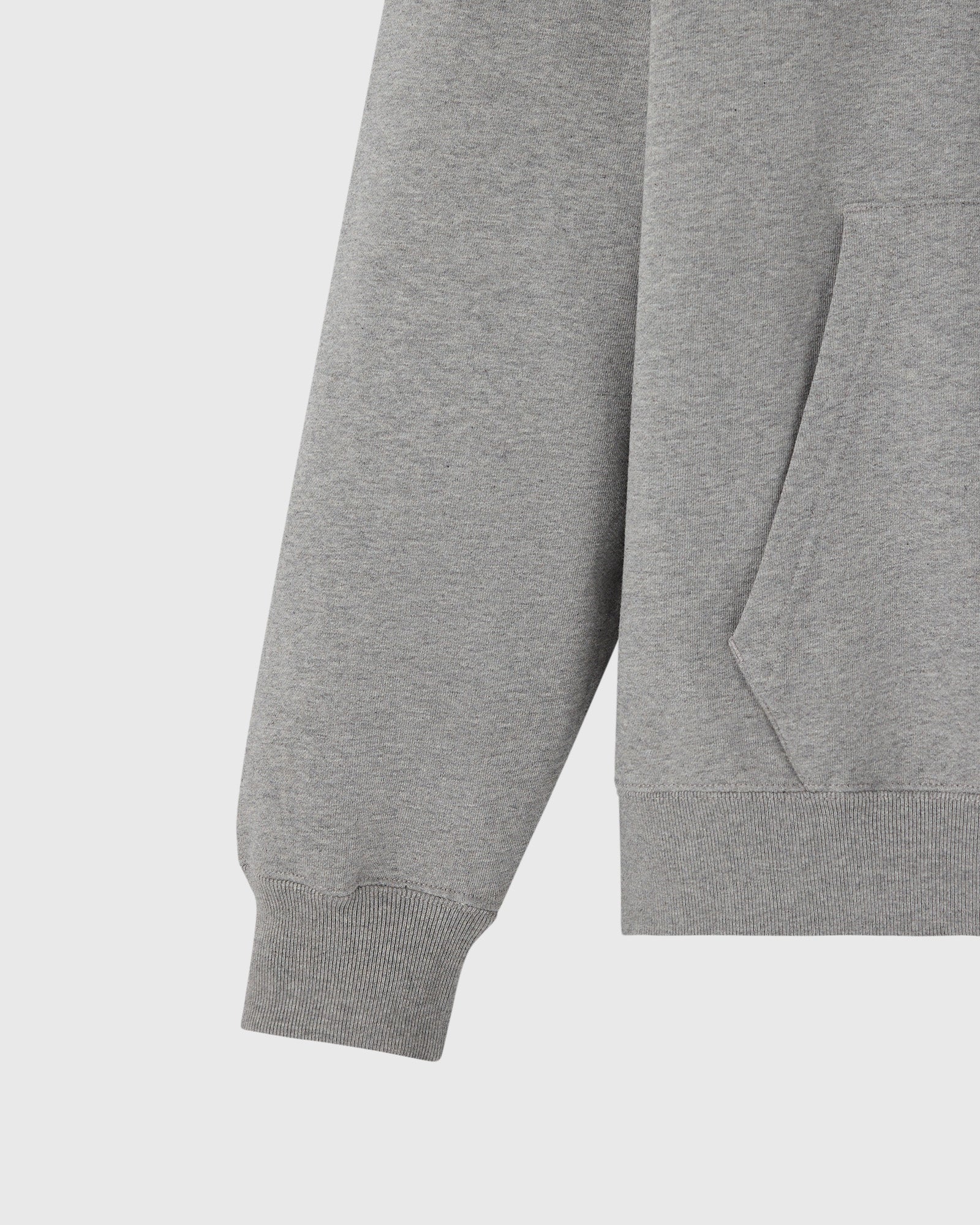 Heather grey full-zip hoodie with ribbed cuffs and hem, shown from the side.
